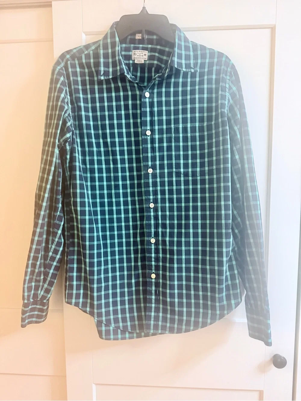 J.Crew Slim Fit Button Down Shirt Men's Medium Blue Green Check Oxford